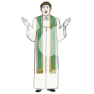 Eine Person trägt eine Albe und eine Stola. Sie hebt die Hände.