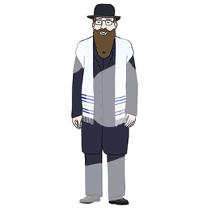 Eine Person in einem Anzug, einem Hut, langem Bart und Tallit.