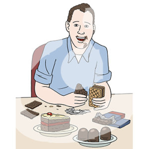 Eine fröhliche Person sitzt an einem Tisch. Auf dem Tisch liegen zwei Tafeln Schokolade, ein Stück Kuchen und Schokoküsse. Die Person hat eine Tafel Schokolade in einer Hand und in der anderen eine Waffel. Sie hat Schokolade am Mund.