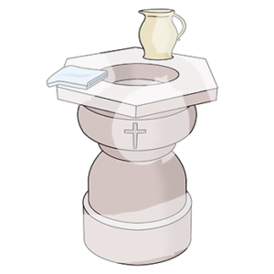 Ein Becken mit Wasser in einem Steinsockel mit Kreuz. Darauf liegt ein Tuch und ein Krug.