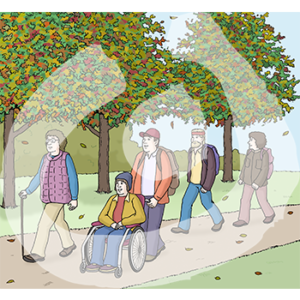 Fünf Personen laufen auf einem Weg im Grünen. Es fallen Blätter von den Bäumen.