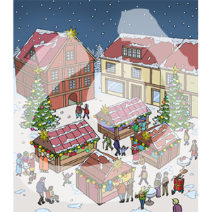 Vogelperspektive auf einen Platz mit kleinen Hütten. Die Hütten sind weihnachtlich geschmückt, es liegt ein bisschen Schnee. Zwei große Weihnachtsbäume stehen auf dem Platz. Es ist dunkel. Überall sind Menschen.