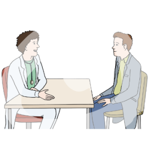 Zwei Personen sitzen sich an einem Tisch gegenüber. Eine Person trägt einen weißen Kittel und ein Stethoskop. Die andere Person trägt einen grauen Kittel.
