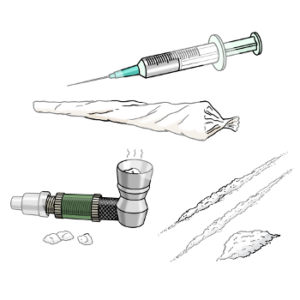 Eine Spritze, ein Joint, eine Crackpfeife und zwei Lines mit einem weißen Pulver.