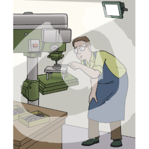 Eine Person steht in einem dunklen Raum. Sie guckt angestrengt auf einen Standbohrer.