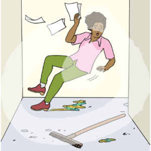 Ein Flur mit dreckigem Boden. Eine erschrockene Person rutscht auf einem Fleck auf dem Boden aus.