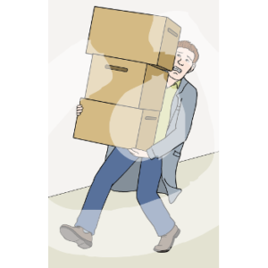 Eine Person in grauem Kittel mit verzweifeltem Gesichtsausdruck trägt drei Kisten übereinander. Die oberste Kiste geht über ihren Kopf.