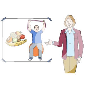 Eine Person zeigt auf ein Plakat. Auf dem Plakat sitzt eine Person auf einem Gymnastikball und streckt die Arme mit einem Fitnessband. Neben ihr liegen verschiedene Obstsorten.