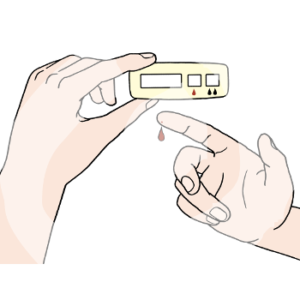 Blut tropft aus dem Finger einer Hand. In der anderen Hand ist ein Test mit drei Feldern. Ein Feld hat einen roten Tropfen. Das zweite hat zwei schwarze Tropfen.