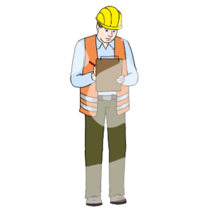 Eine Person in Warnweste und Schutzhelm guckt auf ein Klemmbrett.