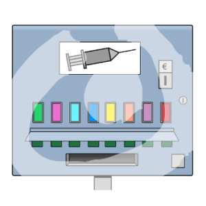 Ein Automat mit dem Bild einer Sprite und Münzschlitz. Unten sind acht Felder mit unterschiedlichen Farben und ein Ausgabefach.