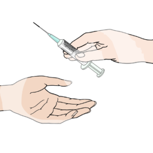 Eine Hand übergibt eine Spritze in eine andere Hand.