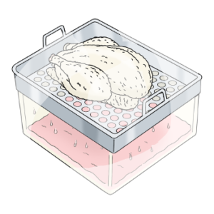 Geflügel liegt in einem Sieb. Das Sieb ist in einer Kiste. Wasser tropf runter in die Kiste.