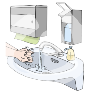 Zwei nasse Hände über einem Waschbecken. Der Wasserhahn läuft. An der Wand dahinter hängt ein Handtuchspender und ein Desinfektionsmittelspender.