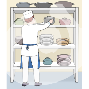 Eine Person in Kochjacke, Schürze und Kochmütze steht vor einem Regal mit sortierten Töpfen, Pfannen und Tellern.