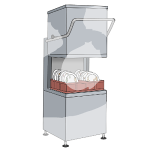 Eine Industriespülmaschine. Die Haube ist offen. Drinnen steht ein Korb mit dreckigen Tellern.