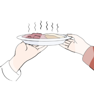 Eine Hand mit weißem Ärmel hält die eine Seite eines Tellers. Eine andere Hand mit rotem Ärmel hält die andere Seite des Tellers.