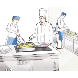 Drei Personen in Kochjacke, Schürze stehen in einer Küche und kochen. Eine Person trägt eine Kochmütze. Zwei Personen tragen eine Haube.