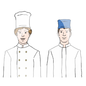 Zwei Person in Kochuniform. Eine trägt eine Kochmütze, die andere eine Haube.