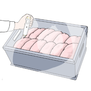 Eine Hand hält ein Thermometer in eine Kiste mit Lebensmitteln.