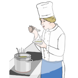 Eine Person in Kochuniform, Schürze und Kochmütze steht vor einem Kochfeld mit einem Topf in dem Essen kocht. In der Hand hält sie eine kleine Schüssel mit Essen. Sie führt einen Löffel zum Mund.