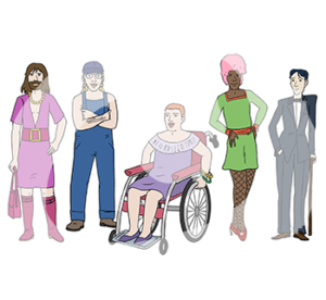 Fünf Personen neben einander. Eine Person trägt Kleid, Schmuck, Stiefel und hat einen Bart, die zweite Person hat einen Blaumann an und lange Haare. Die dritte Person sitzt im Rollstuhl, hat ein Kleid an und kurze Haare. Die dritte Person trägt eine Perücke, ein Kleid und Strumpfhose, die fünfte Person hat kurze Haare und trägt einen Anzug.