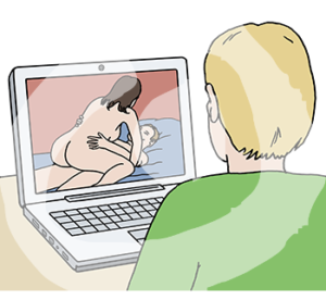 Eine Person sitzt an vor einem Laptop. Auf dem Bildschirm ist eine nackte Person auf einer anderen nackten Person.
