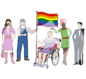 Fünf Personen neben einander. Eine Person trägt Kleid, Schmuck, Stiefel und hat einen Bart, die zweite Person hat einen Blaumann an und lange Haare. Die dritte Person sitzt im Rollstuhl, hat ein Kleid an und kurze Haare. Die zweite und dritte Person halten eine Regenbogenflagge fest. Die dritte Person trägt eine Perücke, ein Kleid und Strumpfhose, die fünfte Person hat kurze Haare und trägt einen Anzug.