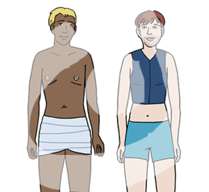 Zwei Männer stehen nebeneinander. Einer hat einen freien Oberkörper mit zwei Narben unter der Brust. Der andere hat einen Bart.