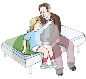 Ein Mann und ein Kind sitzen auf einem Bett. Der Mann fasst das Kind mit einer Hand an den Oberschenkel und hält es mit der anderen an der Schulter fest. Das Kind drückt den Mann mit einer Hand weg.