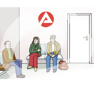 Drei Personen sitzen auf zwei Bänken. Neben einer Bank ist das Logo der Agentur für Arbeit, daneben eine Tür.
