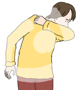 Eine Person hält Mund und Nase in eine Armbeuge.