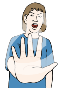 Eine ernste Person mit offenem Mund hält eine Hand von sich gestreckt.