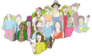 Unterschiedliche Menschen sind innerhalb einer Fläche in Form von Südtirol. Zum Beispiel eine Person mit Rollator, Kinder, Menschen mit unterschiedlichen Hautfarben und Kleidungen.