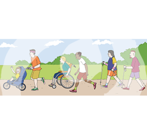 Sechs Personen laufen hintereinander. Vorne ist eine Person in Sportkleidung die joggt und ein Dreirad mit einem Kind vor sich schiebt. Dahinter ist eine Person mit Sportkleidung im Rollstuhl und eine weitere joggende Person. Dahinter sind zwei Personen mit Sportkleidung und Walkingstöcken.