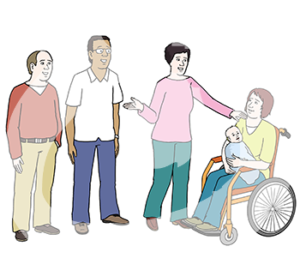 Drei Personen stehen neben einer vierten Person im Rollstuhl. Diese hat ein Baby im Arm. Eine der stehenden Personen legt ihr eine Hand auf die Schulter.