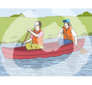 Zwei Personen mit Schwimmwesten haben Ruder in der Hand und sitzen in einem Kanu. Das Kanu schwimmt auf einem Fluss im Grünen.