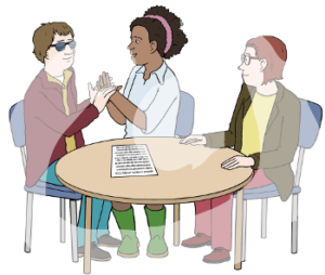 Drei Personen sitzen an einem Tisch. Eine Person trägt eine Sonnenbrille und hält die Hände der Person neben ihr fest. Die dritte Person guckt sie an. Auf dem Tisch liegt ein Dokument.