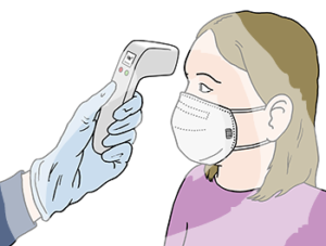 Eine Hand mit Handschuh hält ein Fieberthermometer vor die Stirn einer Person mit Atemschutzmaske.