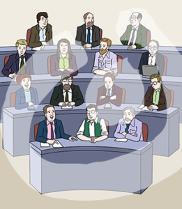 Eine Gruppe Menschen mit heller Hautfarbe sitzt hintereinander in Fraktionsbänken.