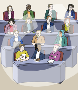 Eine Gruppe Menschen mit unterschiedlichen Hautfarben sitzt hintereinander in Fraktionsbänken.