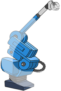 Ein Roboter auf einem Metallfuß mit Gelenken und einem Greifarm.