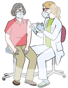 Zwei Personen mit Atemschutzmasken. Eine Person trägt einen weißen Kittel und Handschuhe. Eine Hand fasst die Schulter einer anderen Person an, in der anderen Hand ist eine Spritze, auf den Arm gerichtet.