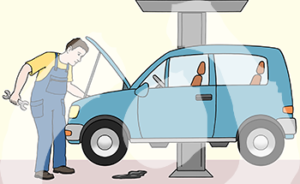 Ein Auto ist auf einer Hebebühne. Eine Person im Blaumann hält Werkzeug in der Hand und guckt unter die offene Motorhaube.