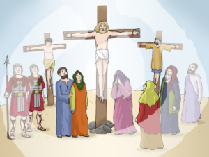 Drei Kreuze mit Menschen, in der Mitte hängt Jesus. Daneben stehen zwei Soldaten und vor seinem Kreuz stehen Menschen und schauen ihn an, eine Person weint.