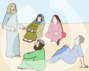 Jesus steht vor vier am Boden sitzenden Personen. Alle schauen ihn an.