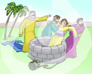 Josef wird von zwei seiner aus einem Brunnen gezogen. Ein anderer Bruder, Juda zeigt in die Ferne. Im Hintergrund liegt ein gestreiftes Gewand auf dem Boden.