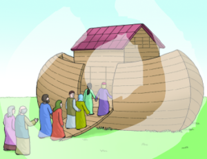 Noah und seine Familie betreten die Arche.