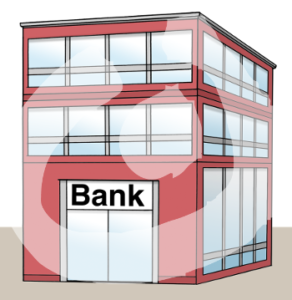 Ein Gebäude mit einem Türschild und der Aufschrift: Bank