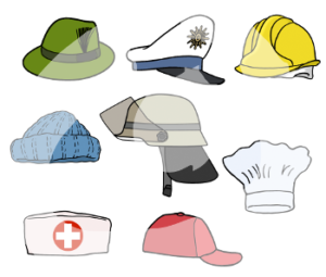 Unterschiedliche Kopfbedeckungen. Eine Haube mit Kreuz, eine Kochmütze, ein Jägerhut, ein Schutzhelm, eine Wollmütze, ein Feuerwehrhelm, eine Polizeimütze, eine Kappe und ein Jägerhut.